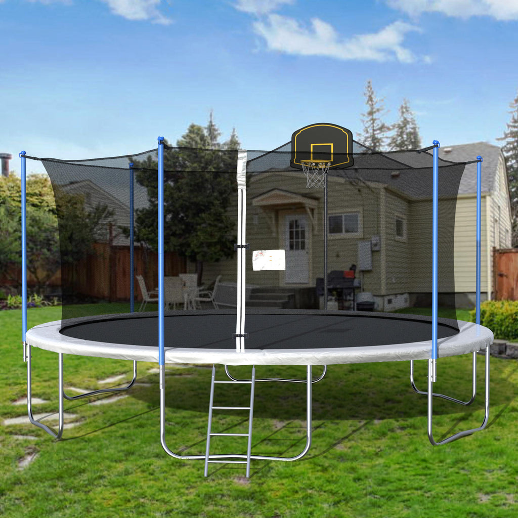 16 FT Outdoor Trampoline with Basketball Hoop, Outdoor Trampoline with Safety Enclosure Net, Circular Trampolines for Adults/Kids, Family Jumping and Ladder, Kids Basketball Trampoline, Q11361