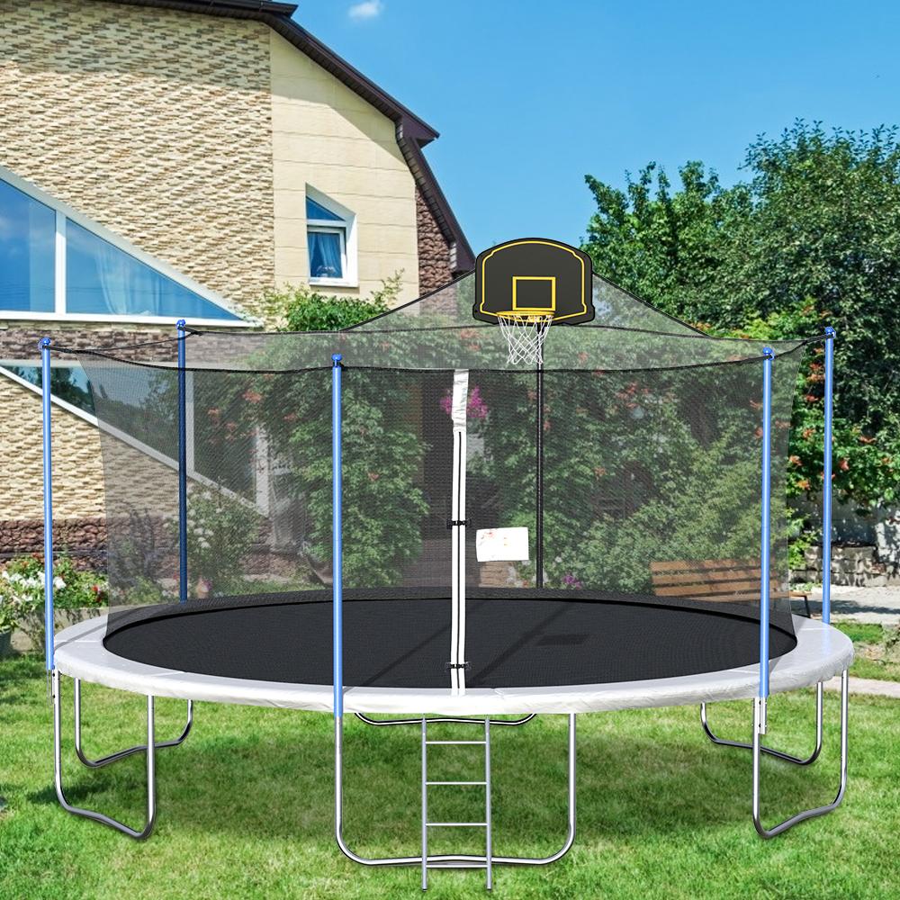 16 FT Outdoor Trampoline with Basketball Hoop, Outdoor Trampoline with Safety Enclosure Net, Circular Trampolines for Adults/Kids, Family Jumping and Ladder, Kids Basketball Trampoline, Q11361