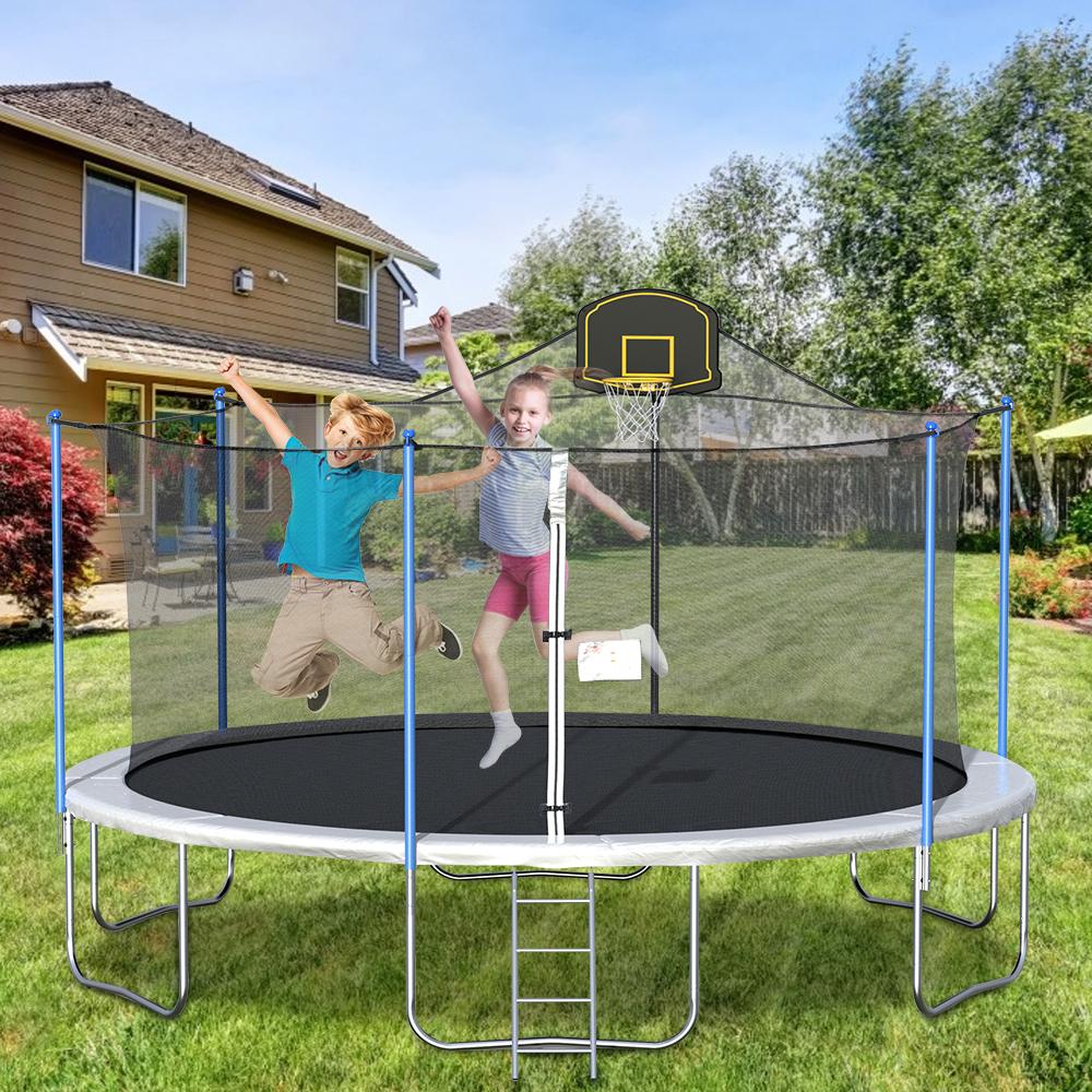 16 FT Outdoor Trampoline with Basketball Hoop, Outdoor Trampoline with Safety Enclosure Net, Circular Trampolines for Adults/Kids, Family Jumping and Ladder, Kids Basketball Trampoline, Q11361
