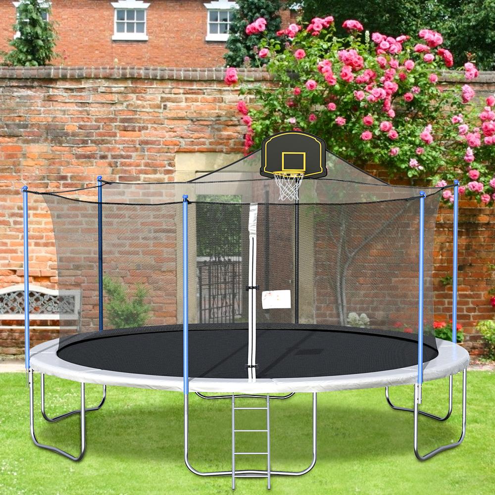 16 FT Outdoor Trampoline with Basketball Hoop, Outdoor Trampoline with Safety Enclosure Net, Circular Trampolines for Adults/Kids, Family Jumping and Ladder, Kids Basketball Trampoline, Q11361