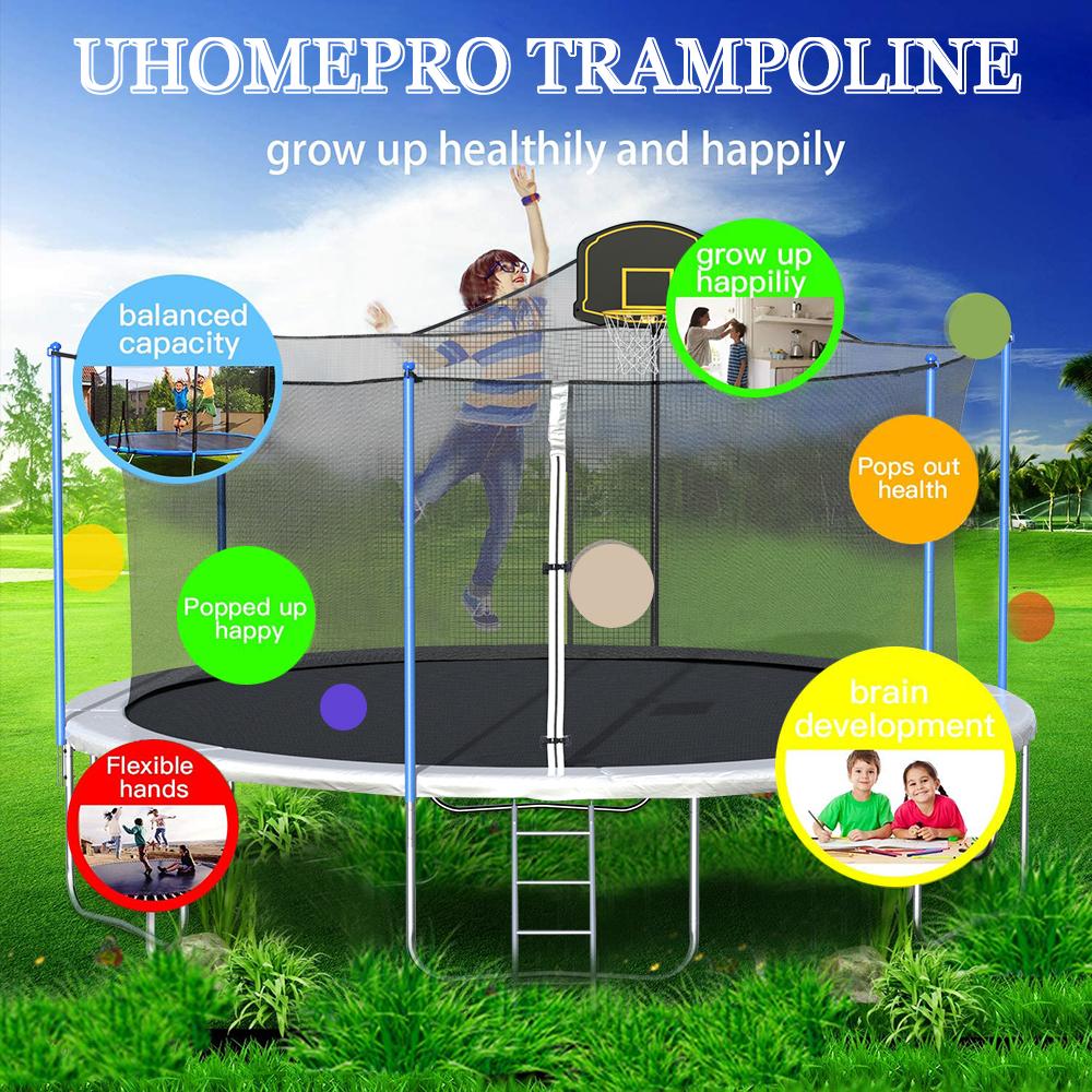16 FT Outdoor Trampoline with Basketball Hoop, Outdoor Trampoline with Safety Enclosure Net, Circular Trampolines for Adults/Kids, Family Jumping and Ladder, Kids Basketball Trampoline, Q11361