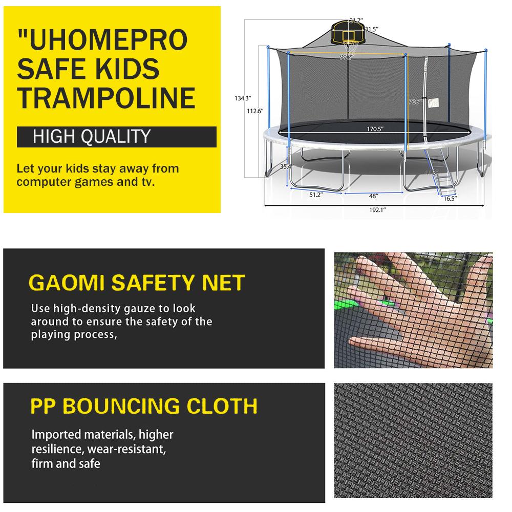 16 FT Outdoor Trampoline with Basketball Hoop, Outdoor Trampoline with Safety Enclosure Net, Circular Trampolines for Adults/Kids, Family Jumping and Ladder, Kids Basketball Trampoline, Q11361
