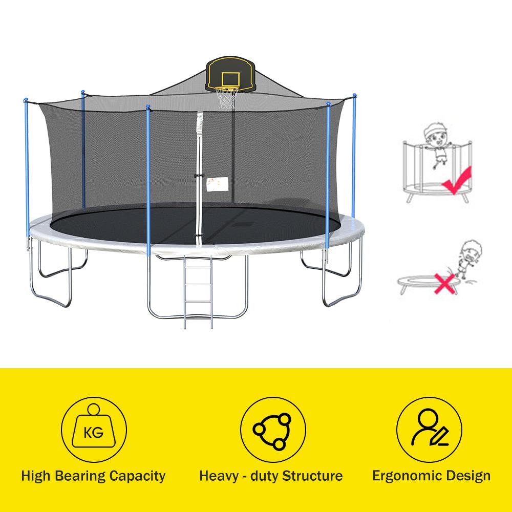 16 FT Outdoor Trampoline with Basketball Hoop, Outdoor Trampoline with Safety Enclosure Net, Circular Trampolines for Adults/Kids, Family Jumping and Ladder, Kids Basketball Trampoline, Q11361