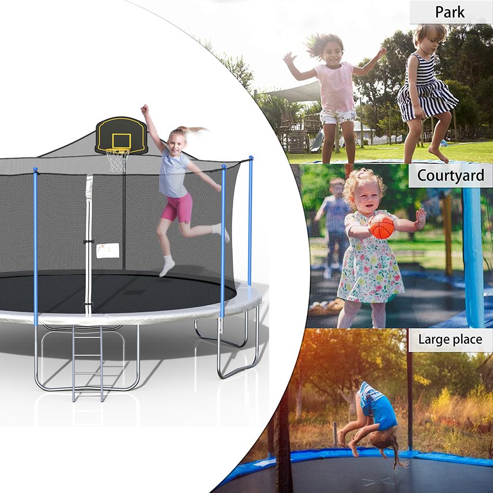 16 FT Outdoor Trampoline with Basketball Hoop, Outdoor Trampoline with Safety Enclosure Net, Circular Trampolines for Adults/Kids, Family Jumping and Ladder, Kids Basketball Trampoline, Q11361