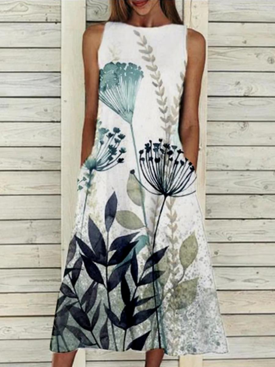 Ladies Fashion Sleeveless Round Neck Printed Maxi Dress