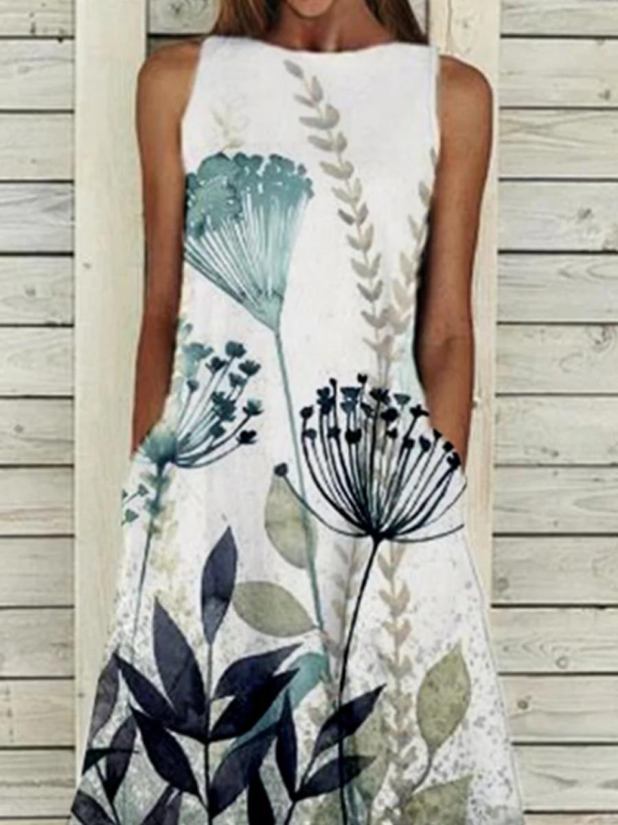 Ladies Fashion Sleeveless Round Neck Printed Maxi Dress