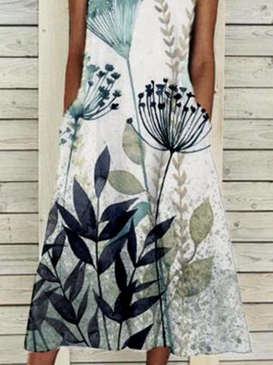 Ladies Fashion Sleeveless Round Neck Printed Maxi Dress