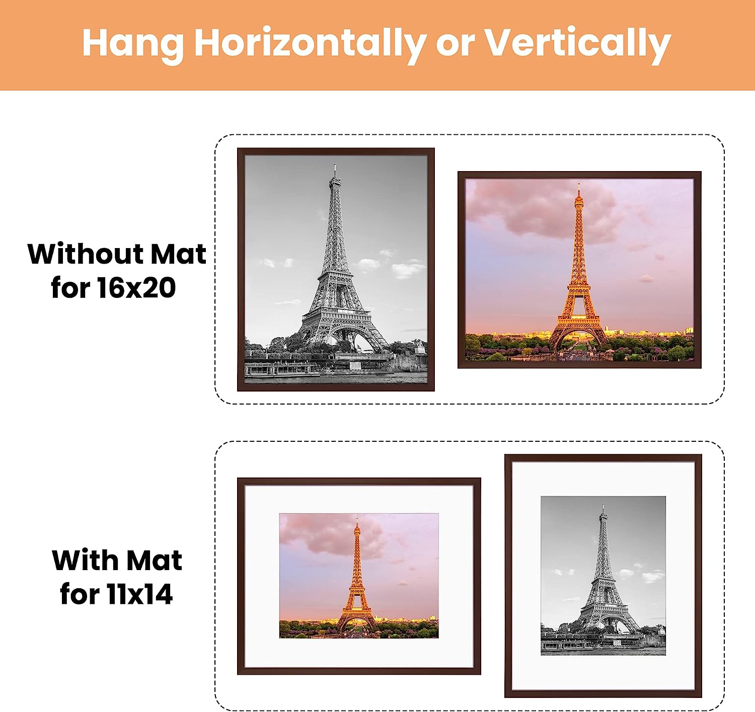 upsimples 16x20 Picture Frame Set of 5, Display Pictures 11x14 with Mat or 16x20 Without Mat, Wall Gallery Poster Frames, Brown