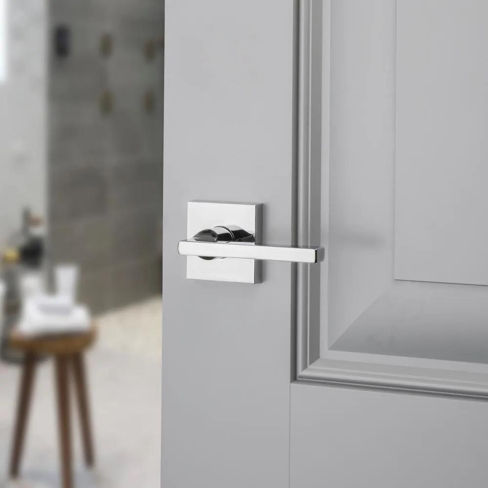 Reserve Square Polished Chrome Privacy Bed/Bath Door Lever with Contemporary Square Rose