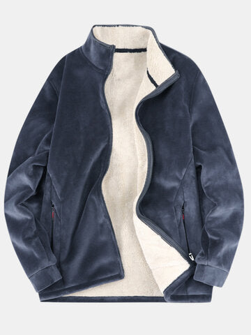 mens thicken fleece lined velour stand collar solid warm overcoats with pocket