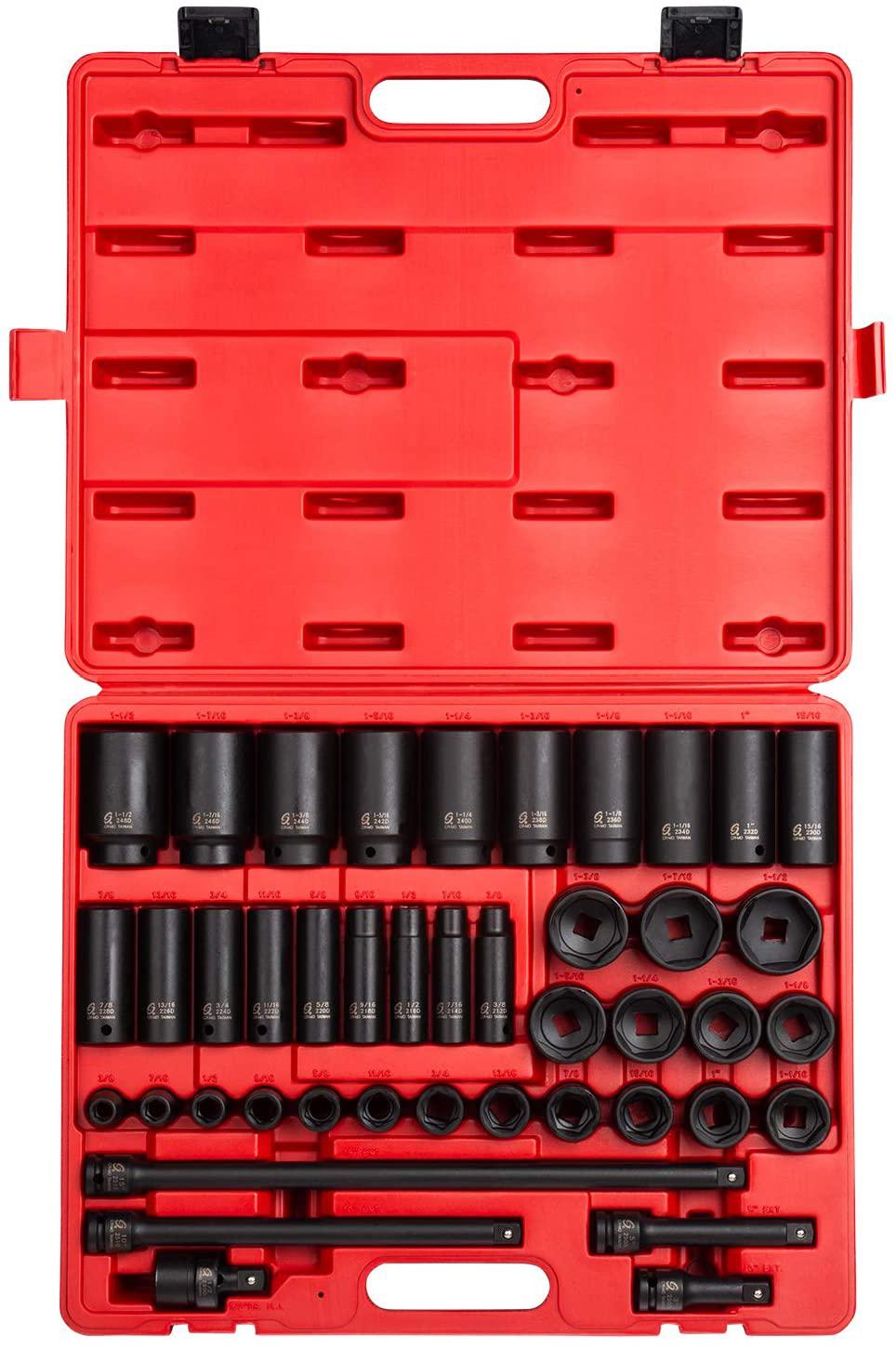 Sunex 2568, 1/2 Inch Drive  Impact Socket Set, 43-Piece, SAE, 3/8 Inch - 1-1/2 Inch, Standard/Deep, Cr-Mo Alloy Steel, Radius Corner , Dual Size Markings, Heavy Duty StoraCase