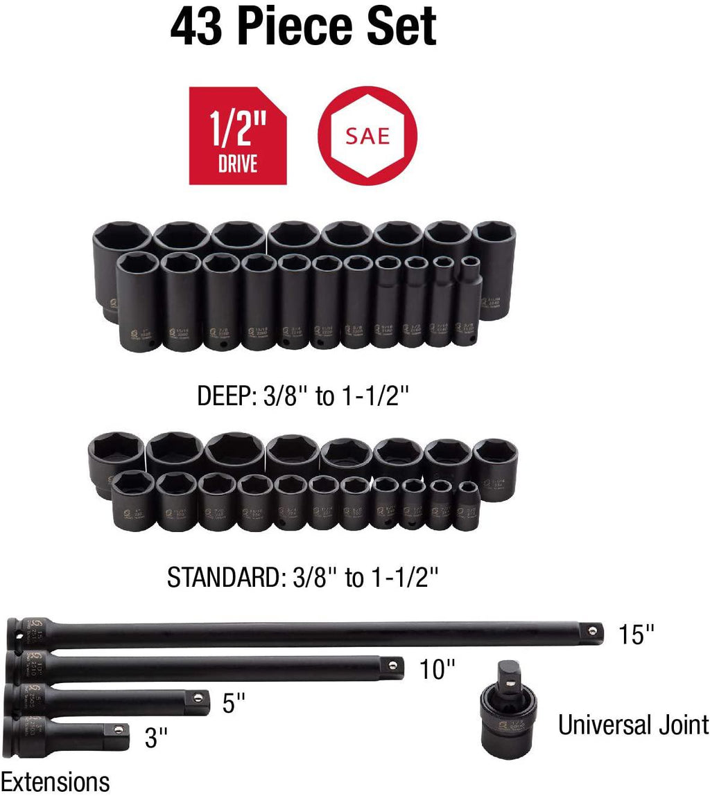 Sunex 2568, 1/2 Inch Drive  Impact Socket Set, 43-Piece, SAE, 3/8 Inch - 1-1/2 Inch, Standard/Deep, Cr-Mo Alloy Steel, Radius Corner , Dual Size Markings, Heavy Duty StoraCase