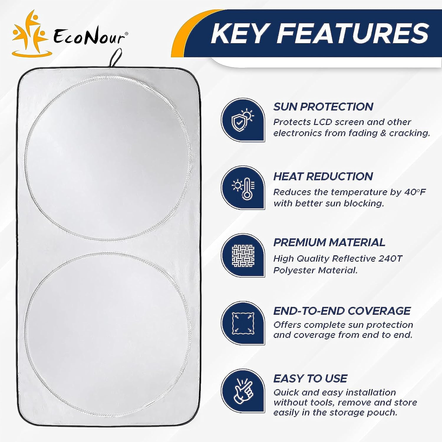 EcoNour Windshield Sun Shade for Tesla Model 3/Y Cars | 240T Polyester Shield Sunshade | Upgraded Sunshade for Front Window | Interior Tesla Accessories for Summer | XL (56 x 36 Inches)