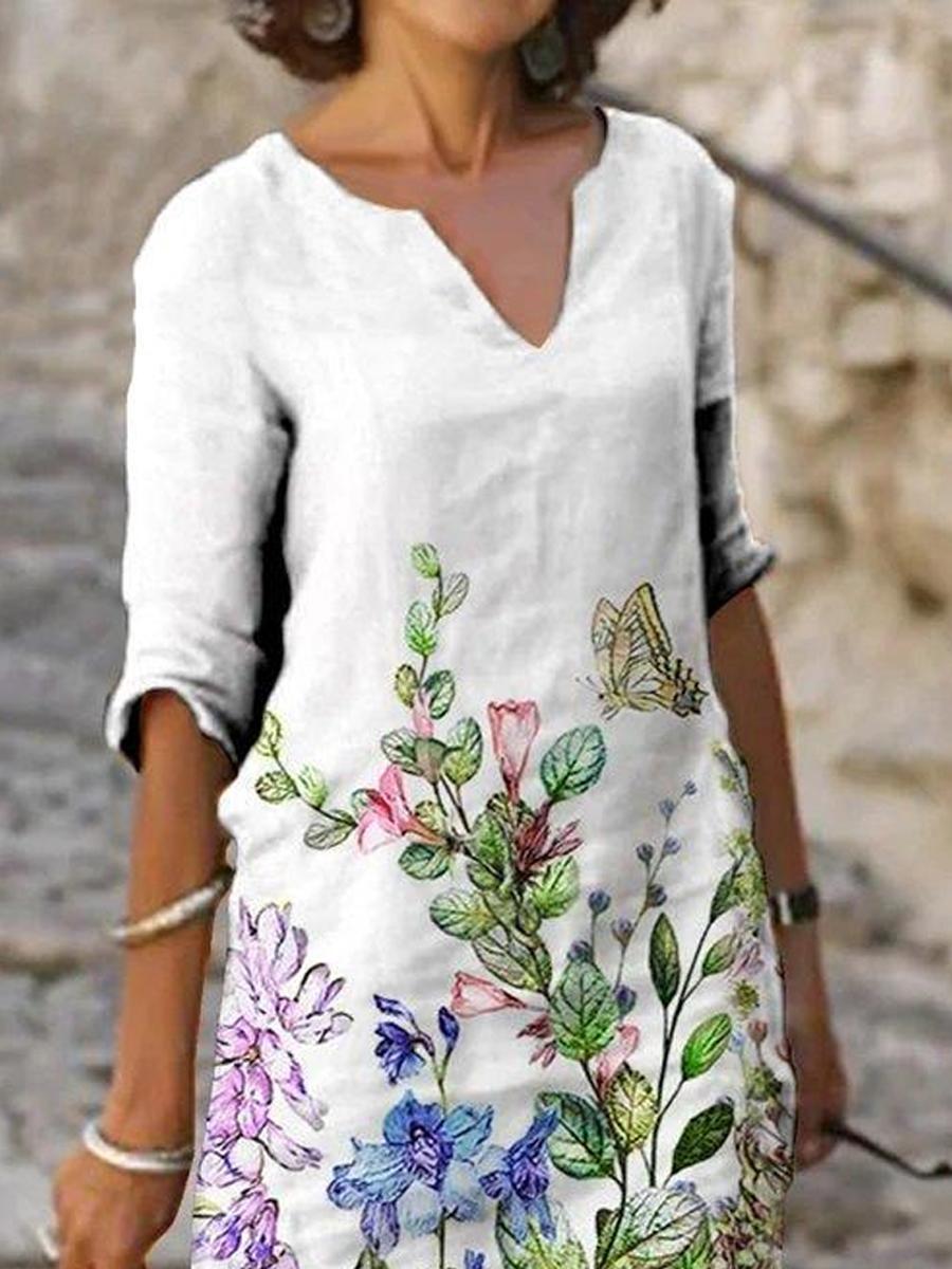 Casual Printed Mid-Sleeve V-Neck Women'S Dress