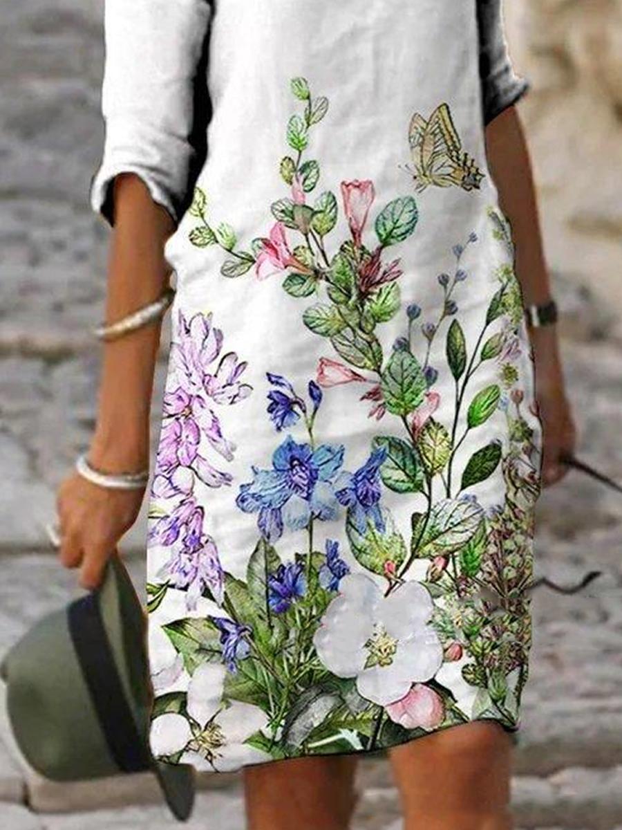 Casual Printed Mid-Sleeve V-Neck Women'S Dress
