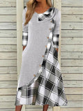 Fashion Check Print Lapel Long Sleeve Casual Maxi Dress