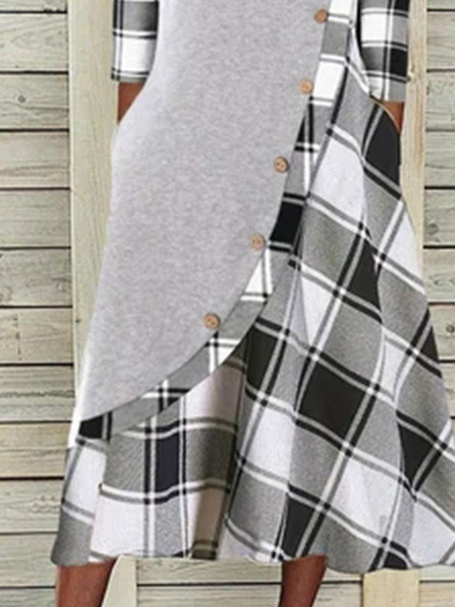 Fashion Check Print Lapel Long Sleeve Casual Maxi Dress