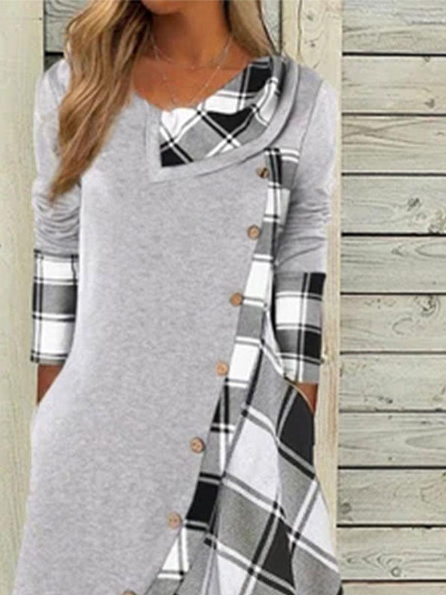 Fashion Check Print Lapel Long Sleeve Casual Maxi Dress