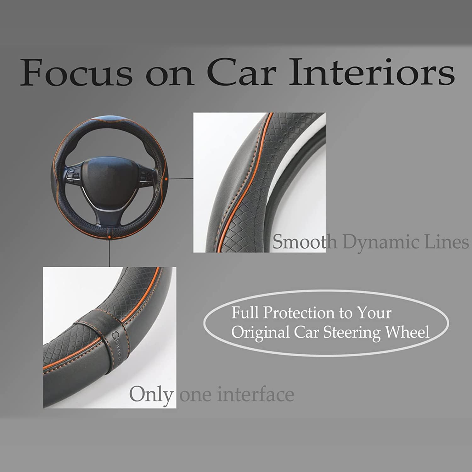 Car Steering Wheel Cover, Anti-Slip, Safety, Soft, Breathable, Heavy Duty, Thick, Full Surround, Sports Style (Black with Light Orange Line)