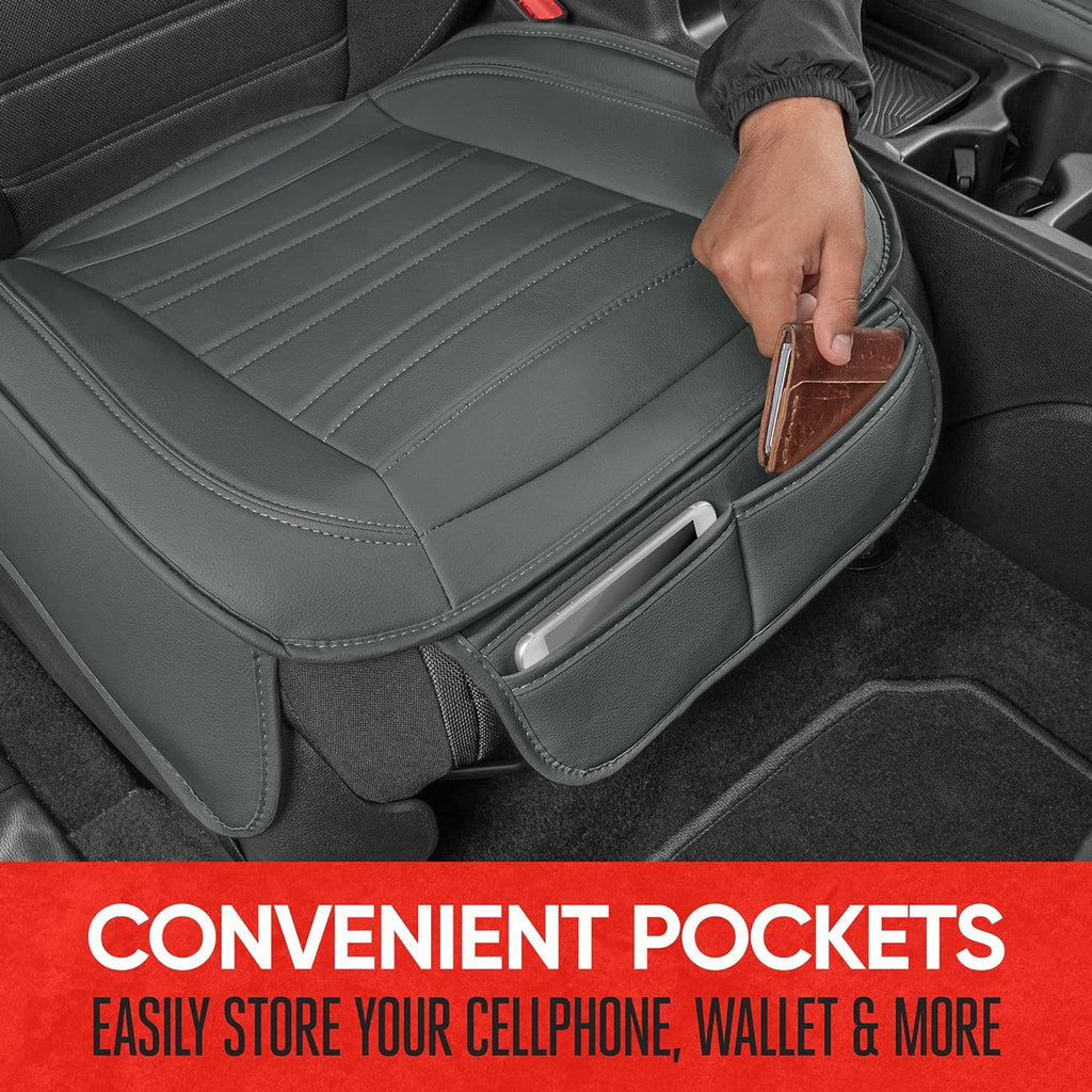 Motor Trend Gray Faux Leather 1-Piece Padded Car Seat Protector with Storage Pockets, Premium Interior Front Seat Cover for Cars Truck SUV Auto