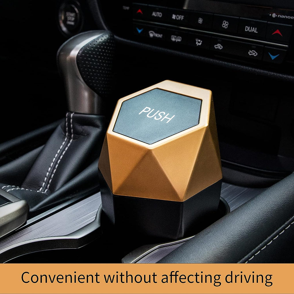 JUSTTOP Car Trash Can with Lid, Diamond  Small Automatic Portable Trash Can, Easy to Clean, Used in Car Home Office Interior Accessories, 2PCS(Gold)