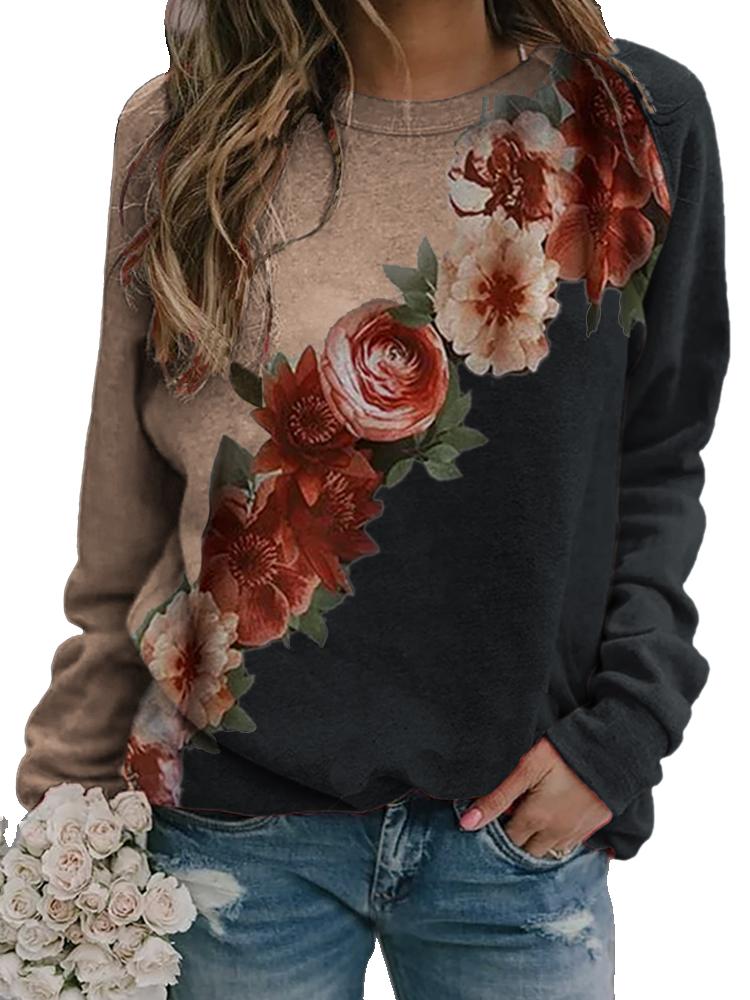 Women Calico Print Long Sleeve O-neck Casual Sweatshirt