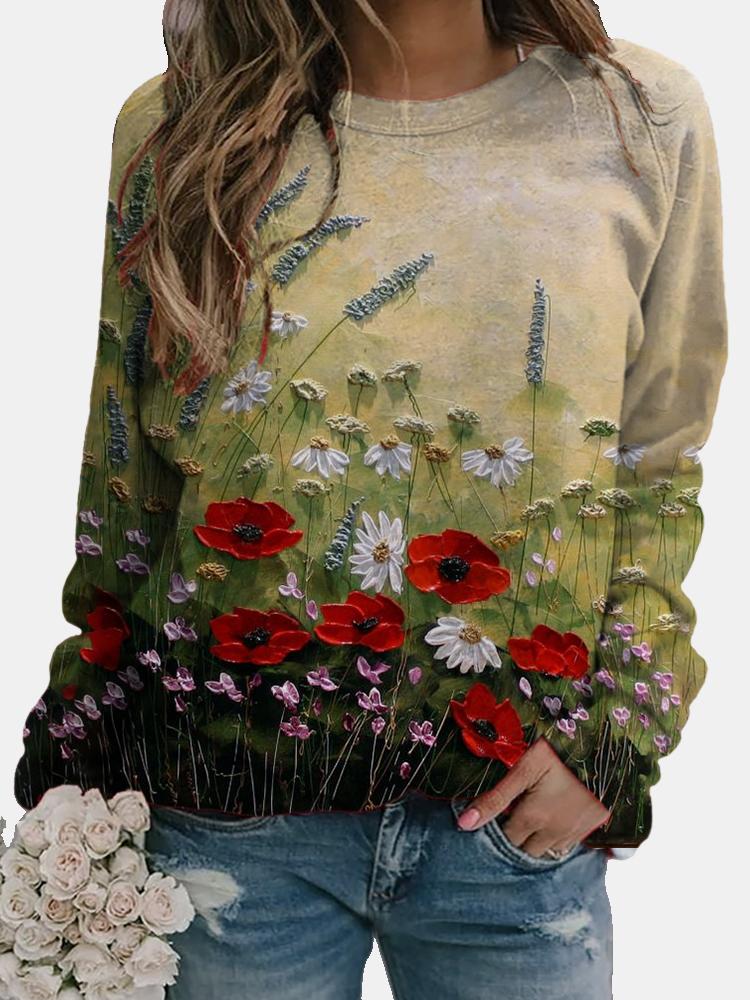 Women Calico Print Long Sleeve O-neck Casual Sweatshirt