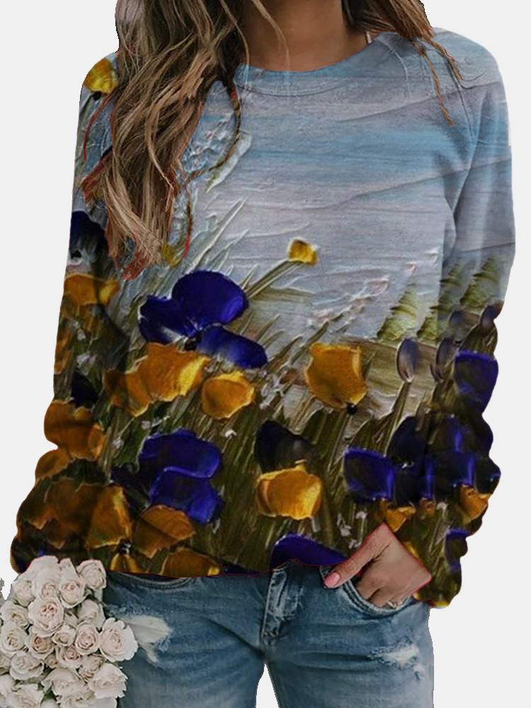 Women Calico Print Long Sleeve O-neck Casual Sweatshirt