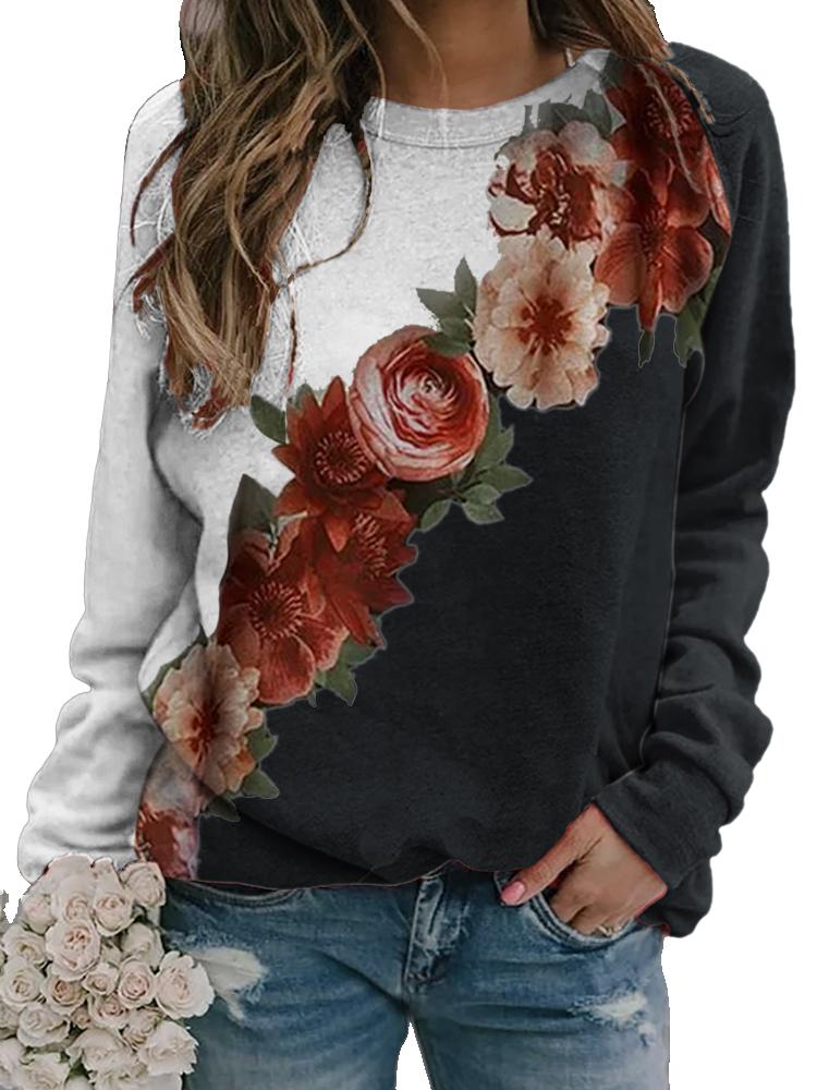 Women Calico Print Long Sleeve O-neck Casual Sweatshirt