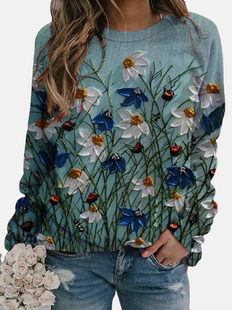Women Calico Print Long Sleeve O-neck Casual Sweatshirt
