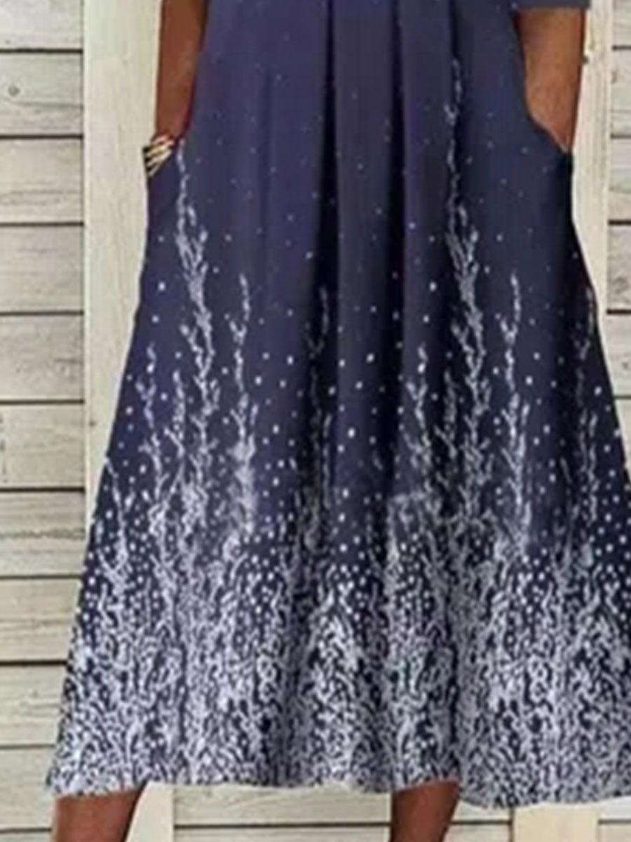 Printed Long Sleeve V-neck Casual Midi Dress