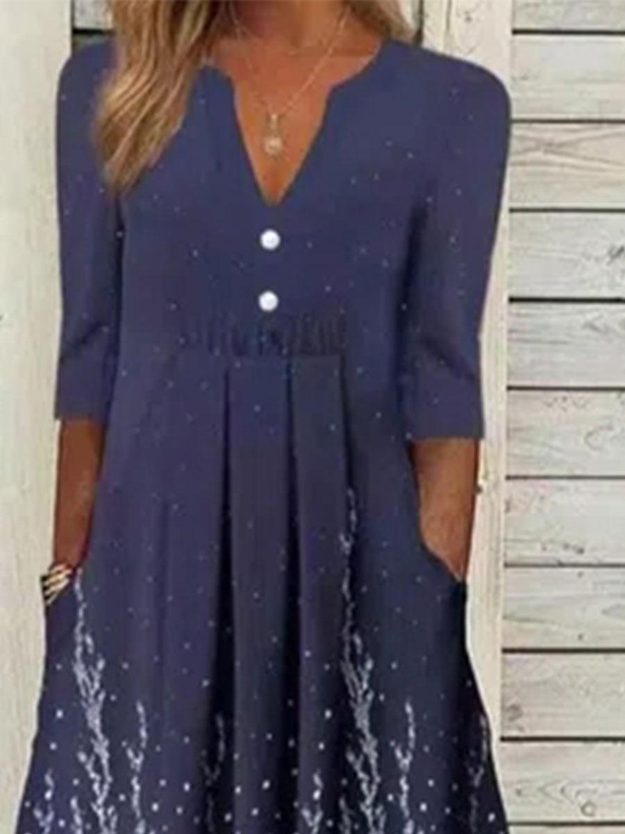 Printed Long Sleeve V-neck Casual Midi Dress