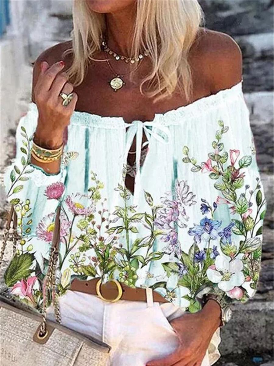 One-neck Chiffon Flower Print Casual Blouse
