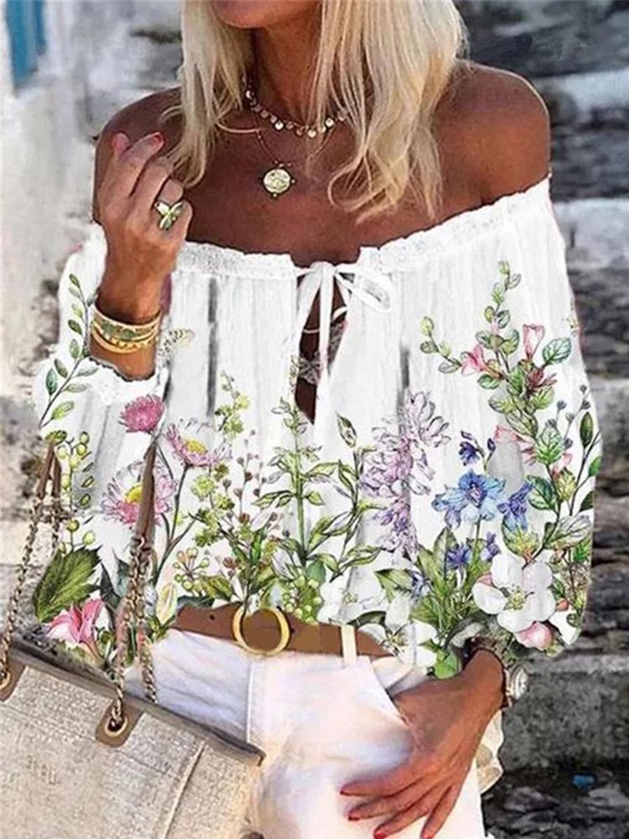 One-neck Chiffon Flower Print Casual Blouse