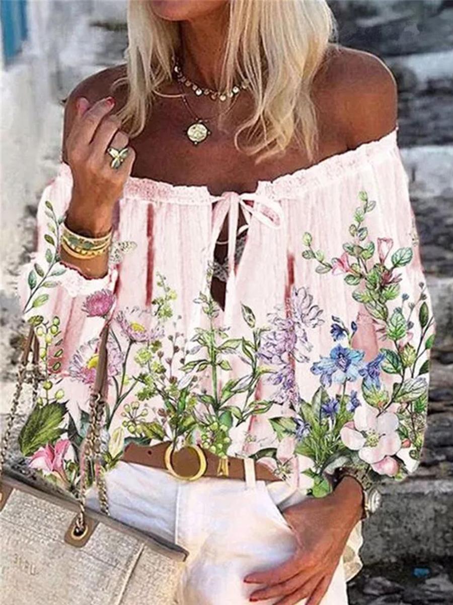 One-neck Chiffon Flower Print Casual Blouse