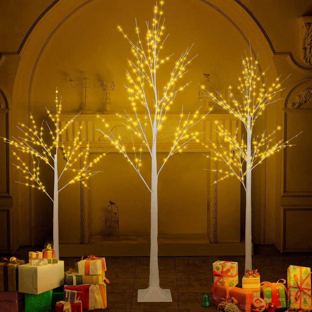 SYNGAR 4/5/6 Ft Pre-lit Artificial Christmas Birch Tree Pack of 3 for Home, Festival, Party, Christmas Decoration, Indoor and Outdoor Use, Warm White