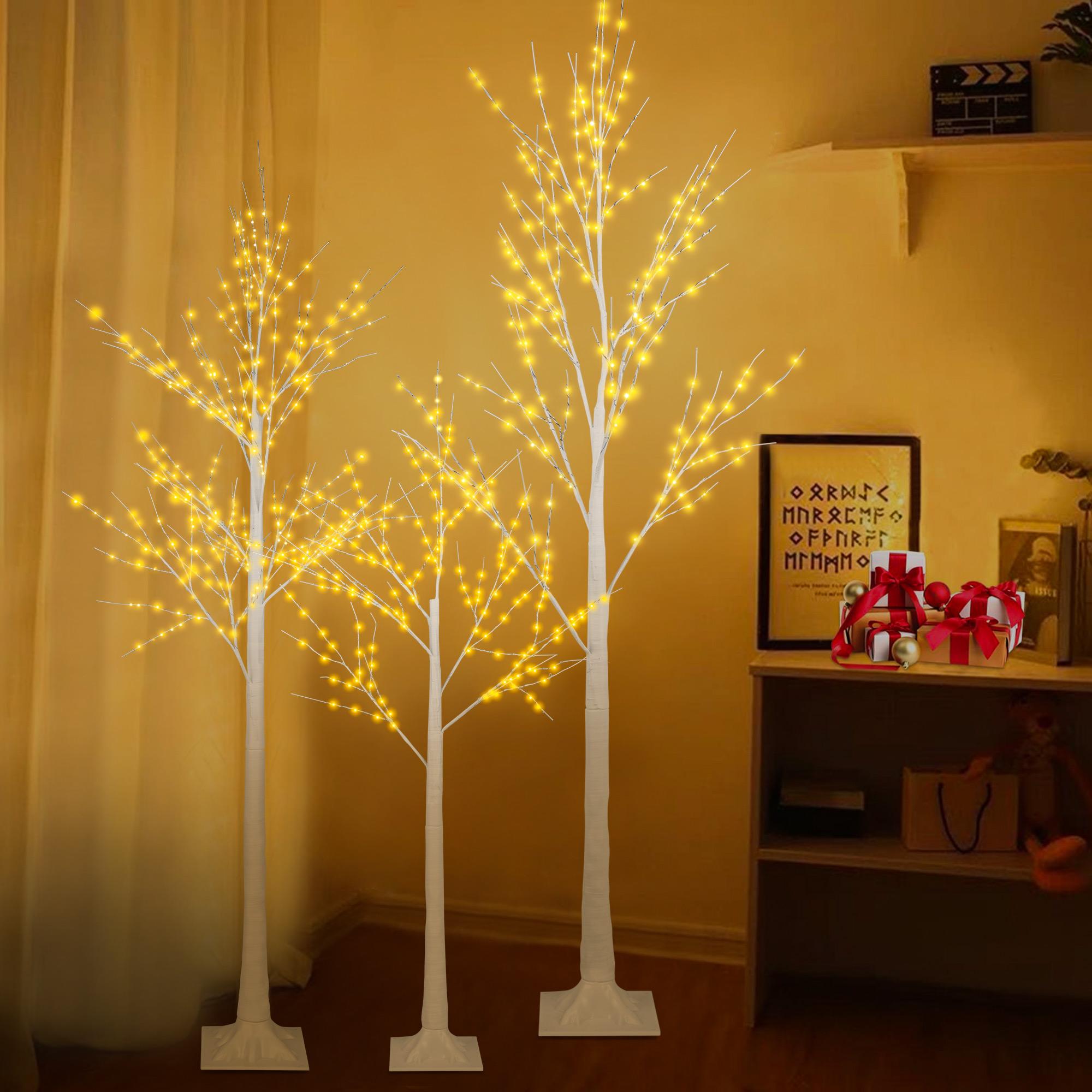 SYNGAR 4/5/6 Ft Pre-lit Artificial Christmas Birch Tree Pack of 3 for Home, Festival, Party, Christmas Decoration, Indoor and Outdoor Use, Warm White