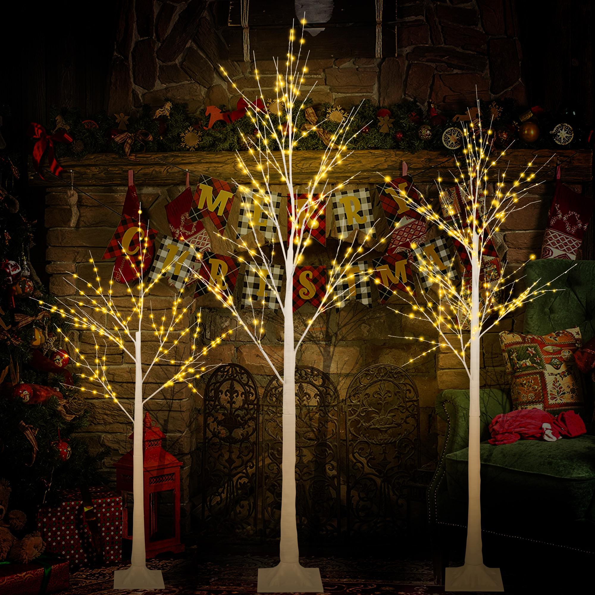 SYNGAR 4/5/6 Ft Pre-lit Artificial Christmas Birch Tree Pack of 3 for Home, Festival, Party, Christmas Decoration, Indoor and Outdoor Use, Warm White