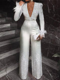 Women's Fashionable Silver White Glittering Silver Feather High Yo Jumpsuit