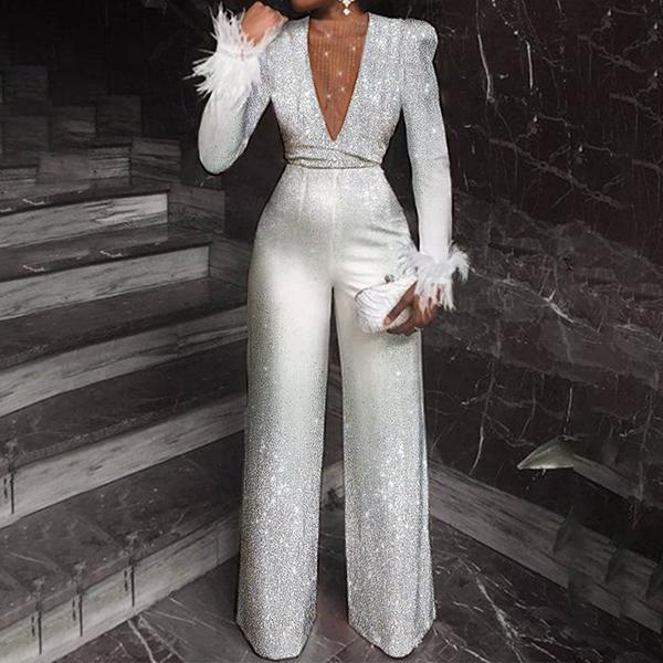 Women's Fashionable Silver White Glittering Silver Feather High Yo Jumpsuit