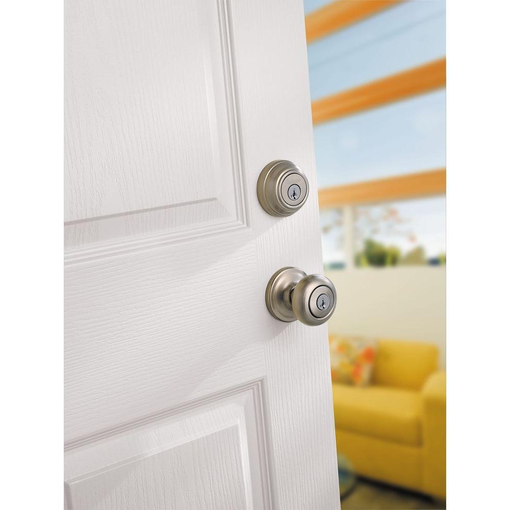 Juno Satin Nickel Exterior Entry Door Knob and Single Cylinder Deadbolt Combo Pack Featuring SmartKey Security