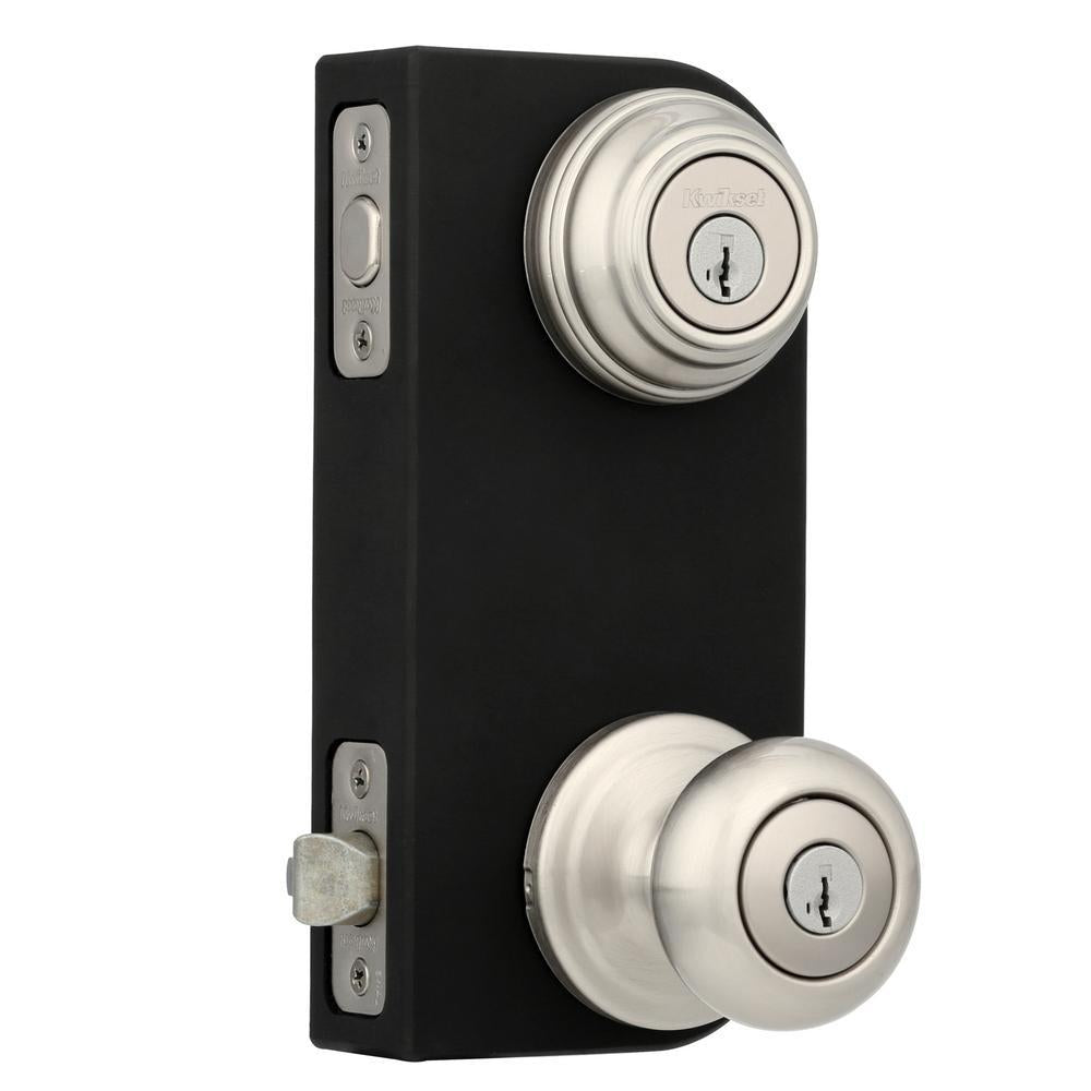 Juno Satin Nickel Exterior Entry Door Knob and Single Cylinder Deadbolt Combo Pack Featuring SmartKey Security