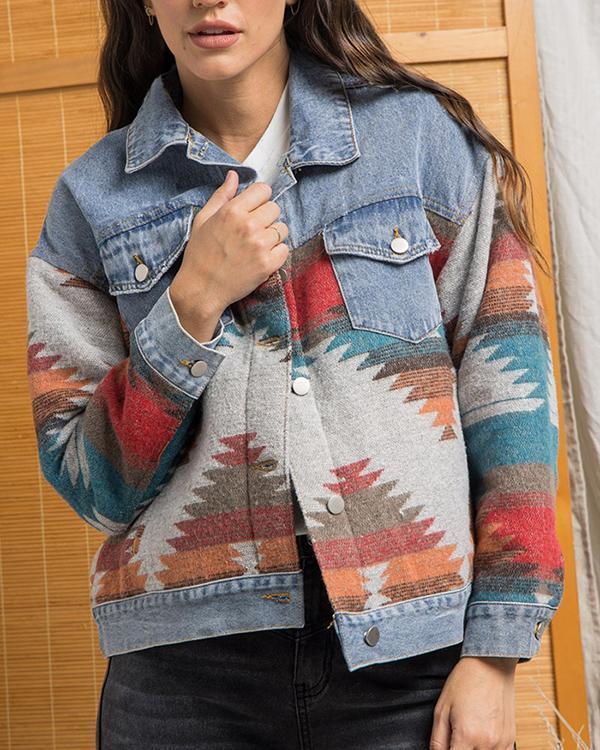 lapel loose denim stitching woolen coat