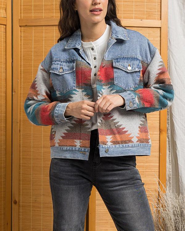 lapel loose denim stitching woolen coat