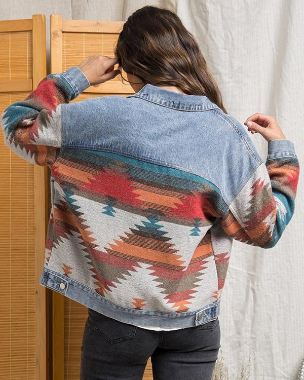 lapel loose denim stitching woolen coat