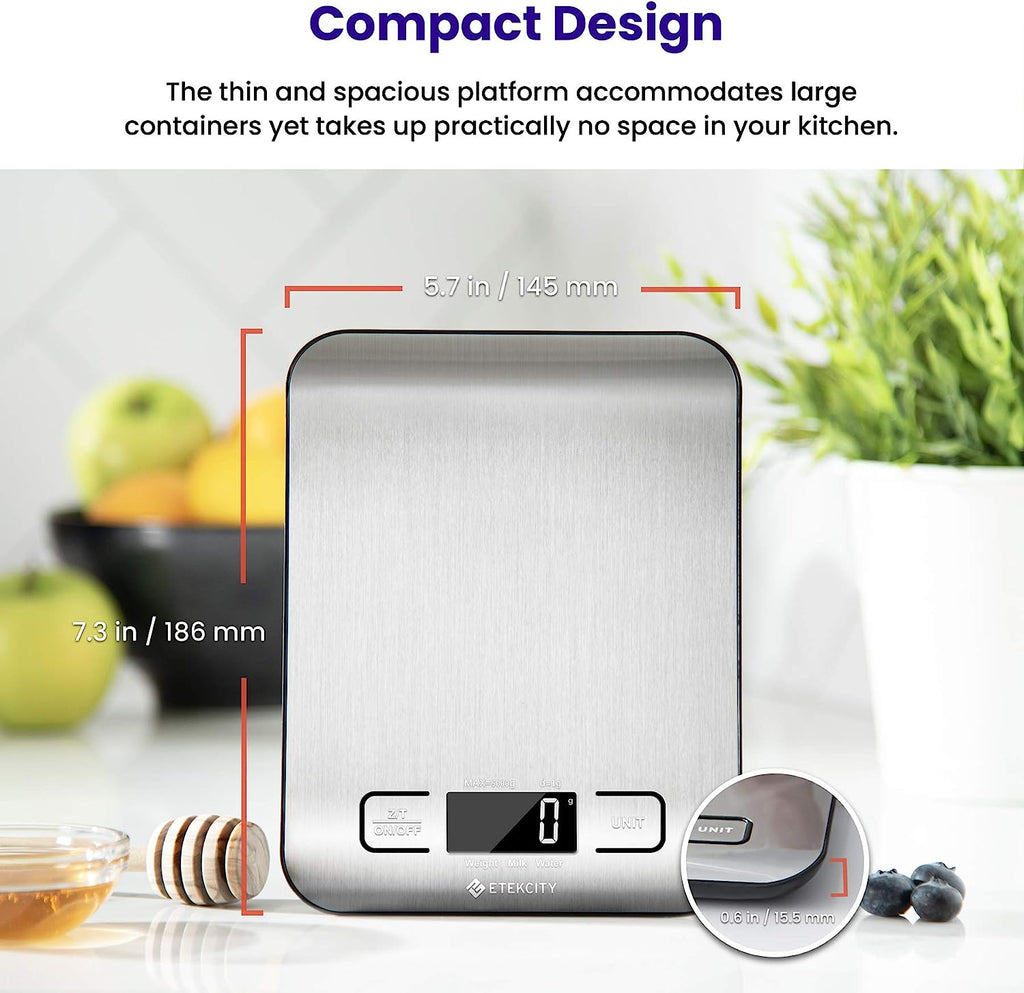 Etekcity Food Kitchen Scale, Digital Grams and Ounces for Weight Loss, Baking, Cooking, Keto and Meal Prep, LCD Display, Medium, 304 Stainless Steel
