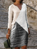 Fashion Color Block Long Sleeve Casual Shift Round Neck Dress
