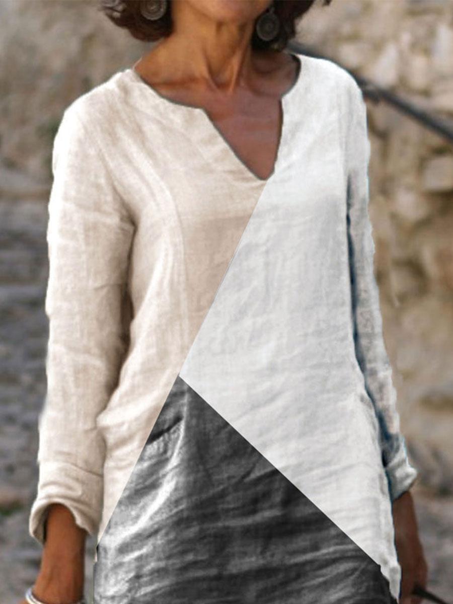 Fashion Color Block Long Sleeve Casual Shift Round Neck Dress