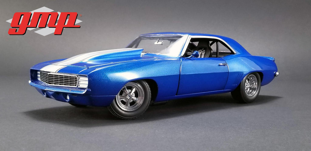 1969 Chevrolet Camaro 1320 Drag Kings Metallic Blue with White Stripe Limited Edition 1/18 Diecast Model Car by GMP