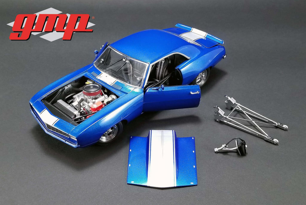 1969 Chevrolet Camaro 1320 Drag Kings Metallic Blue with White Stripe Limited Edition 1/18 Diecast Model Car by GMP